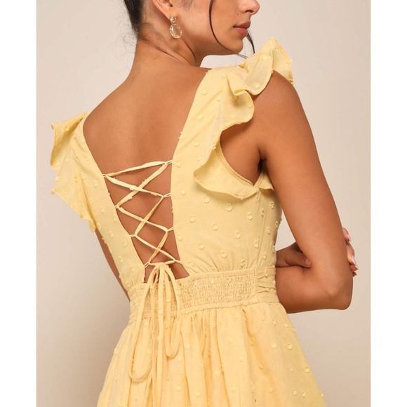 NWT Lulus Charming Decision Yellow Swiss Dot Ruched Tiered Midi Dress XL - Picture 4 of 15